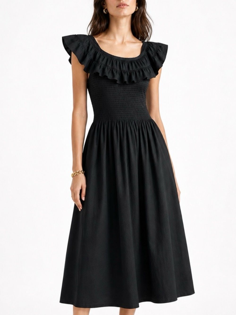 HILL HOUSE The Nap Dress Black Cotton Ruffle Off-Shoulder Smocked Midi Size XS